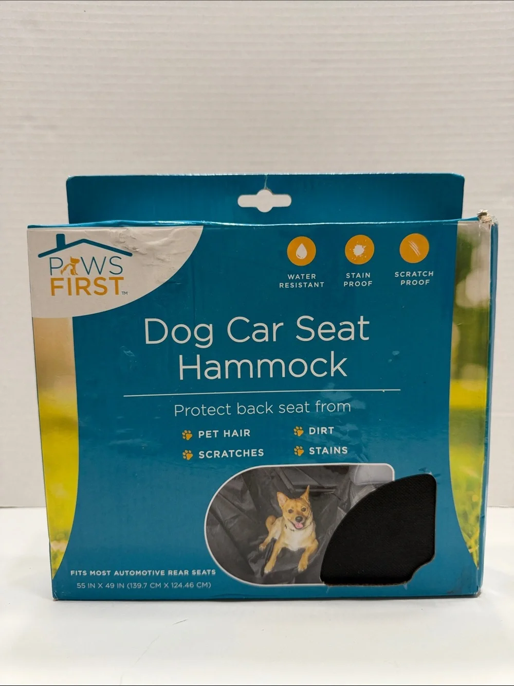 Paws First Dog Car Seat Hammock - Teal & White Packaging